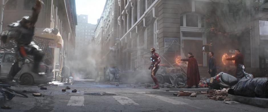 Cull Obsidian runs across the intersection to where Tony, Doctor Strange, Bruch, and Wong wait.