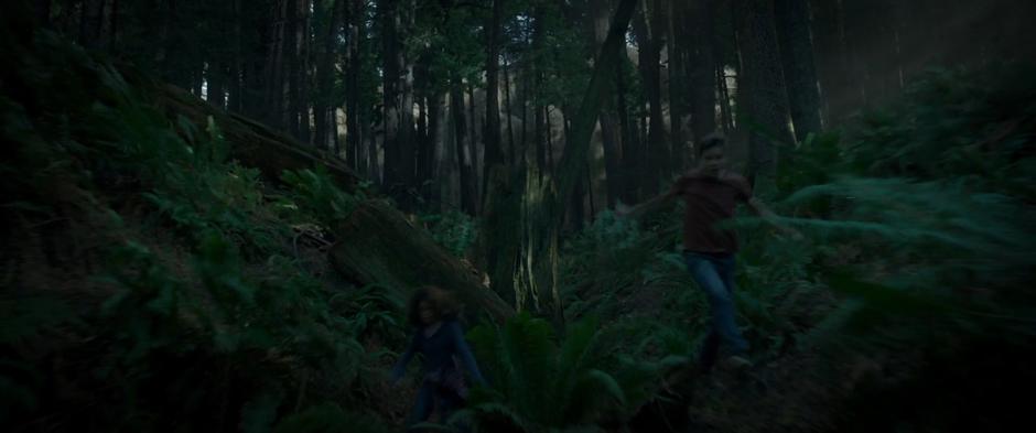 Meg and Calvin run up a gully as the trees collapse behind them.