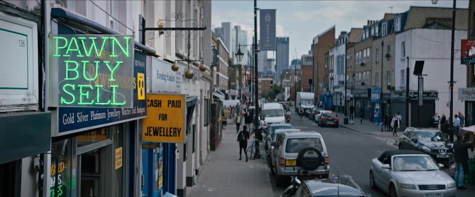 Establishing shot of the exterior of the pawn shop.