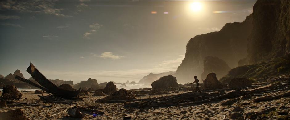 Lara walks across the debris-strewn beach towards the shore while cliffs loom in the distance.