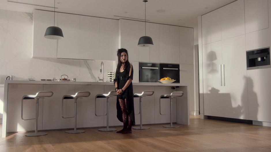 Nico stands in the kitchen after her parents leave for their dinner.