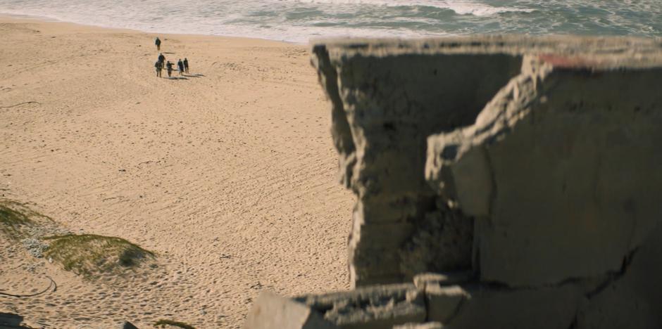 The group walks along the beach towards the ruins from where they landed.