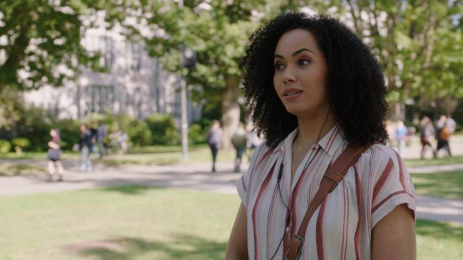 Macy talks to Maggie on the phone while walking towards her bus.