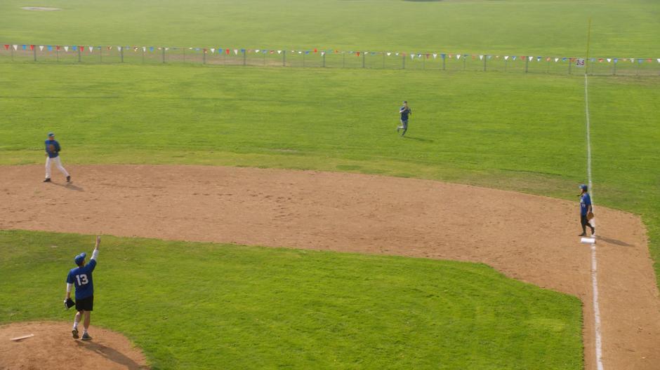 Barry runs for a ball that has ended up in his corner of the field.