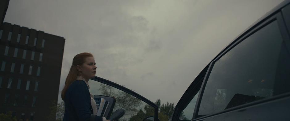 Louise watches as two military jets fly overhead as she opens the door of her car.