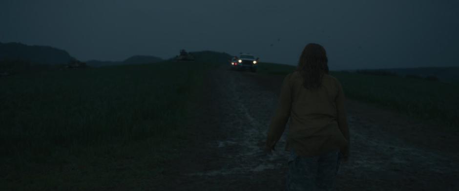 Louise walks back towards the approaching trucks and tanks after her solo visit to the alien craft.