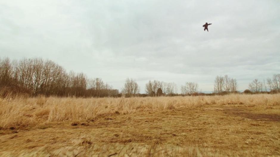 Grodd flies through the air over a field near the village.