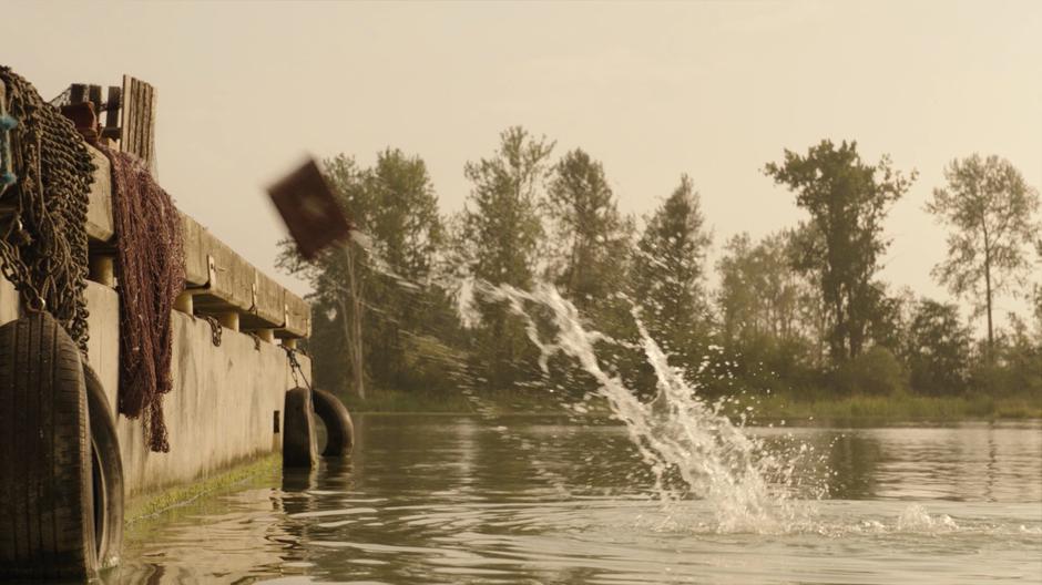 The book flies back out of the water onto the dock.