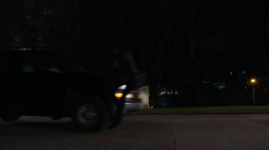 Galvin is hit and thrown by a van while crossing the street at night.