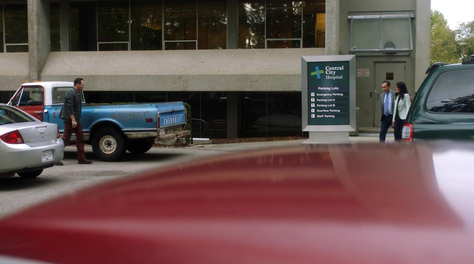 Orlin Dwyer walks from his truck to the side door of the hospital.