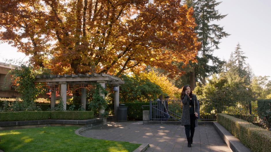 Maggie talks to Macy on the phone after the date while walking through the garden.