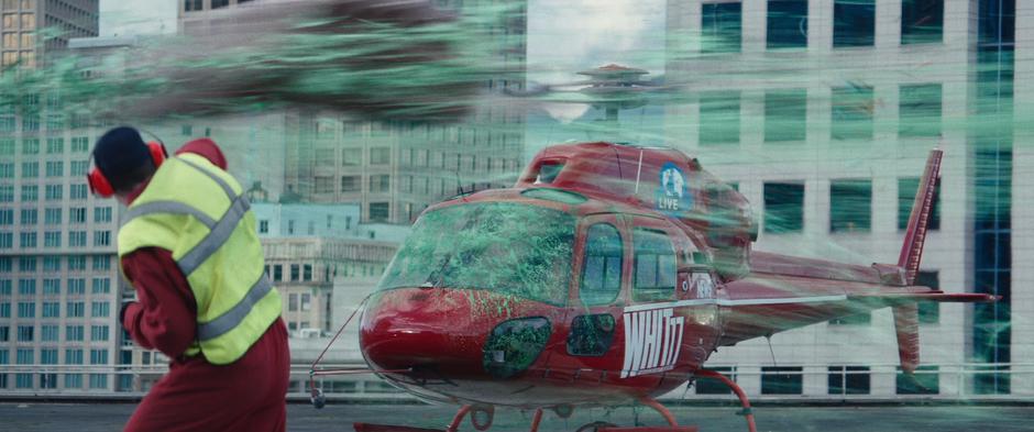 Shatterstar is turned into a bright green goo after falling into the helicopter's rotor.