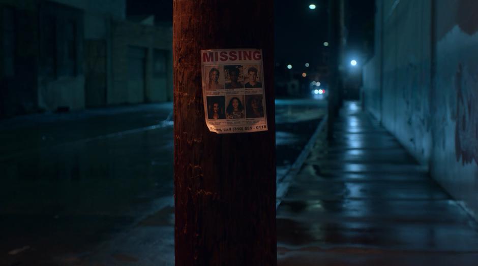 A missing persons flier about Molly and her friends is stapled to a telephone pole.