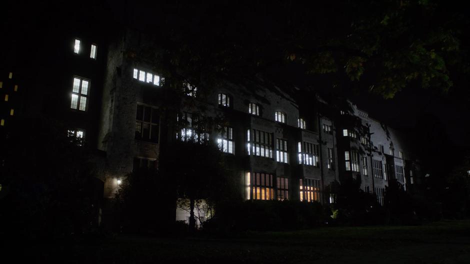Nighttime establishing shot of the building.