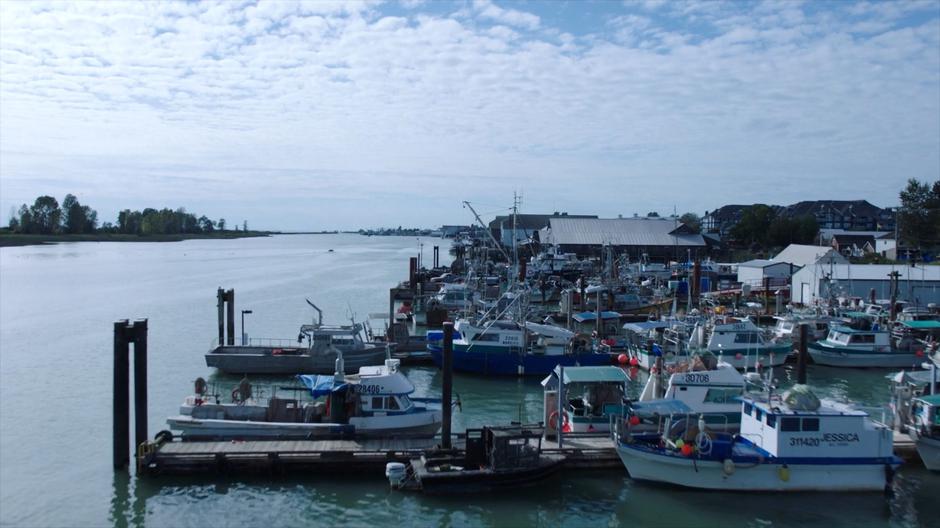 Aerial establishing shot of the harbor.