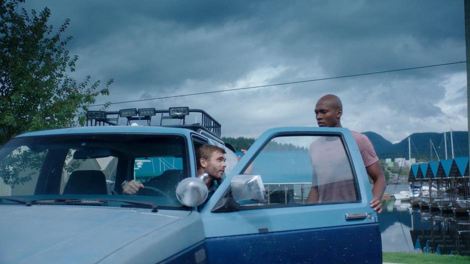 Ben tells Levi to go around and get in the passenger side of his truck.