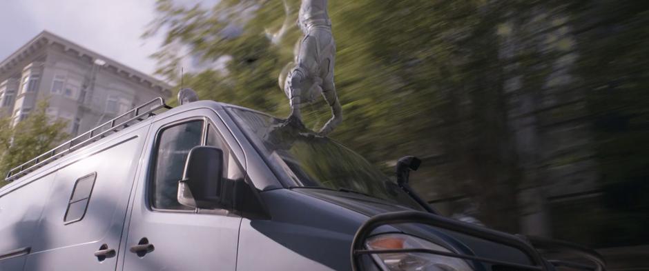 Ghost flips over the top of Hope's van as she is phasing.