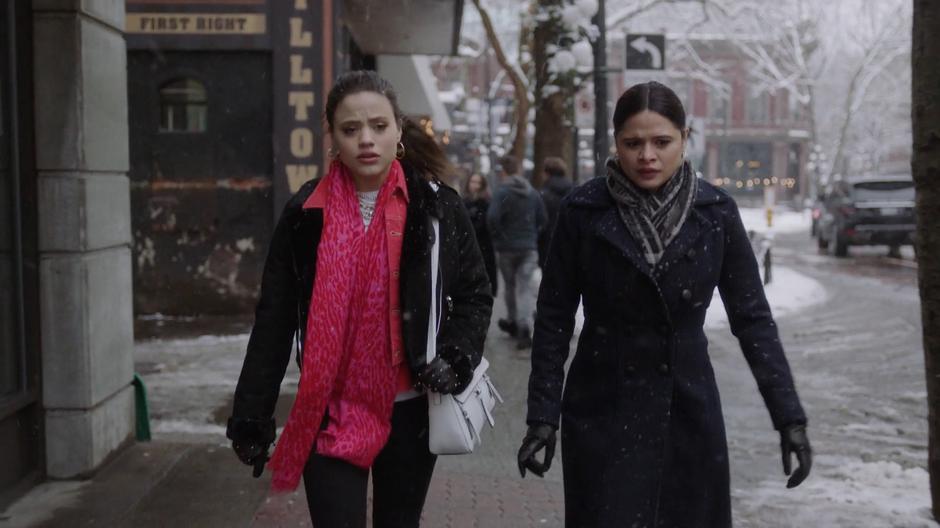 Maggie and Macy walk down the sidewalk in the snow after leaving the lab.