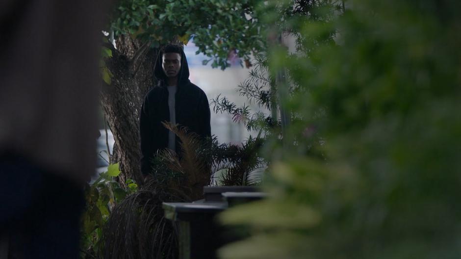 Tyrone watches his father walk past from where he is standing beside a tree.