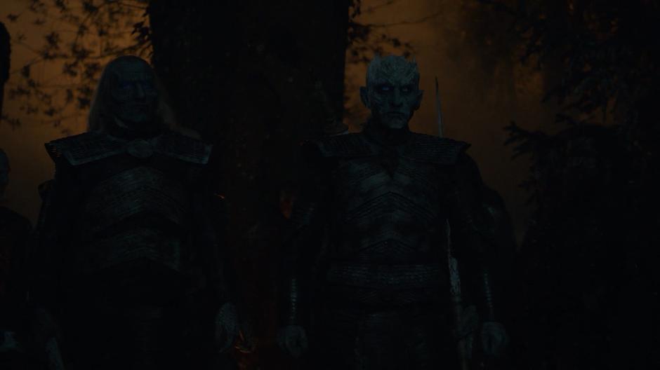 The Night King stalks into the grove surrounded by his White Walkers.