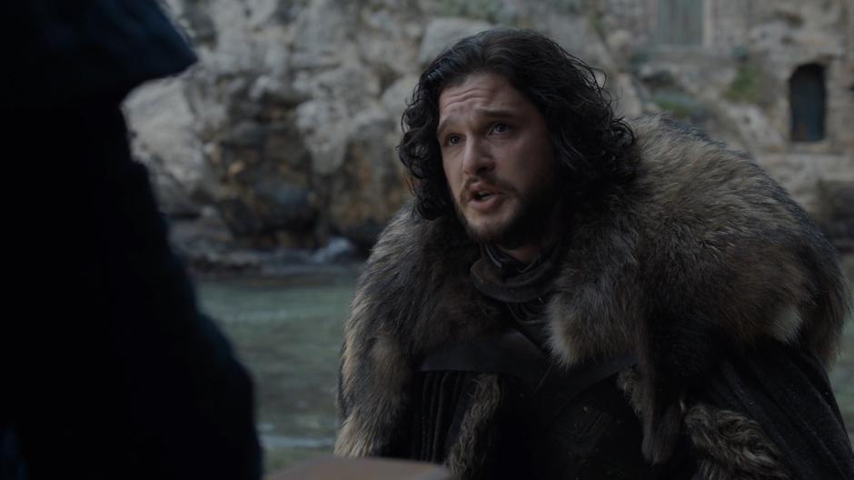 Jon kneels down and says goodbye to Bran.