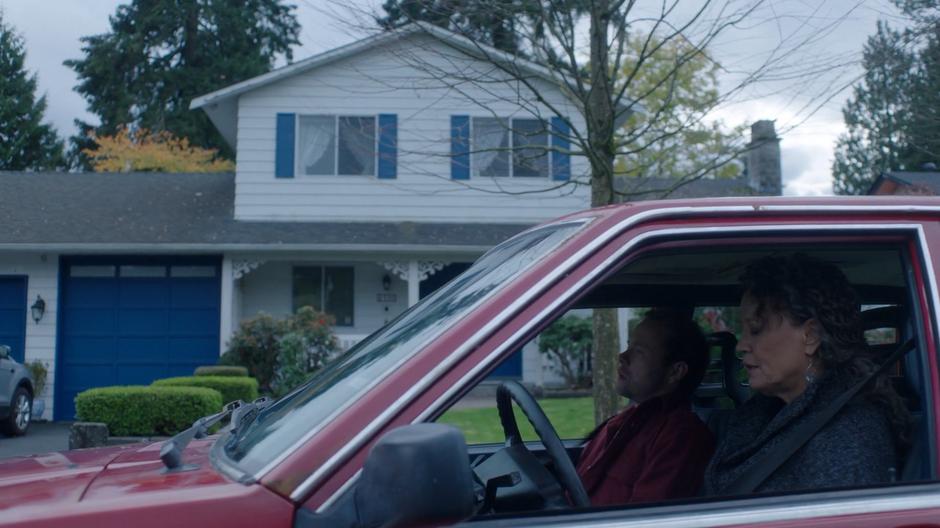 Helen parks her car in front of the house while Rick works up the nerve to go to the door.