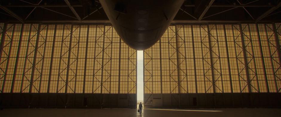 Carol walks towards the narrow opening in the hanger doors.