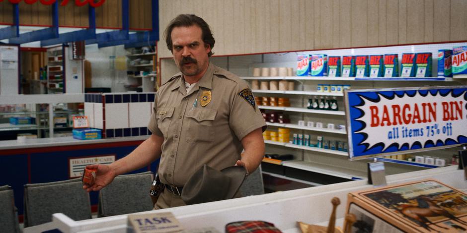 Hopper paces around the store while talking to Joyce about Eleven.