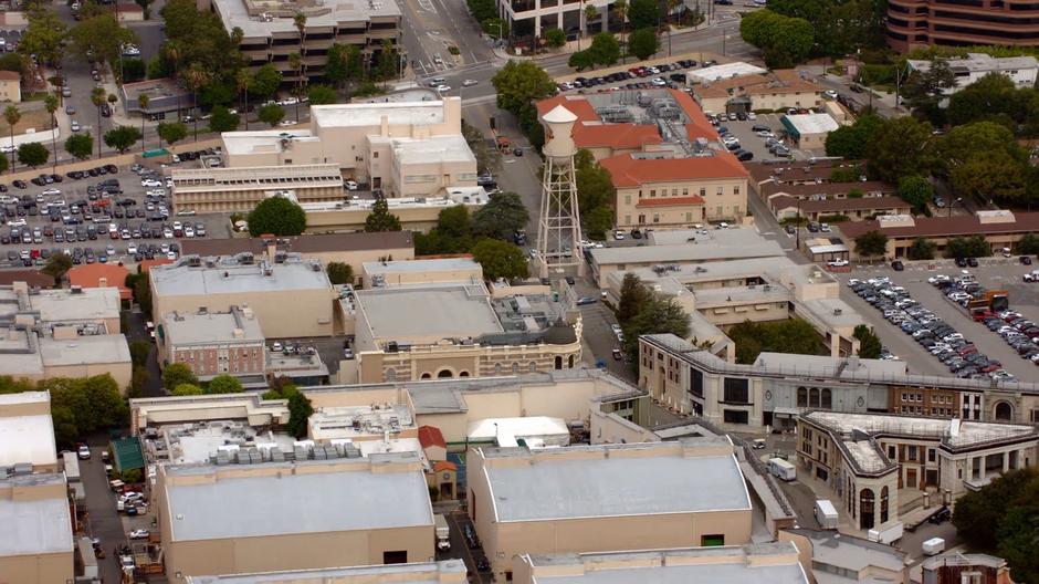 Aerial establishing shot of the studio backlot.