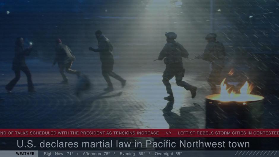 Soldiers chase after some rioters in a news report.