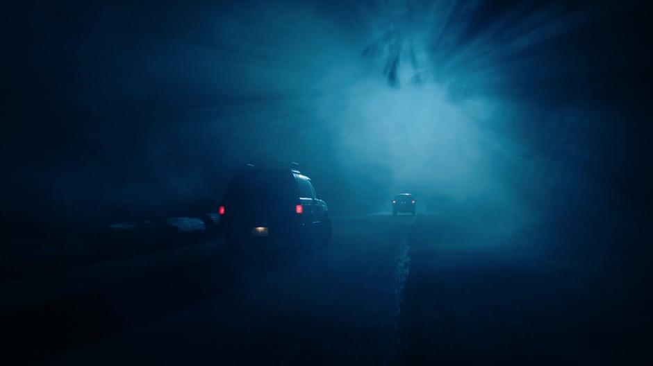 Ben and Maddie chase after Ian Sutton in their truck through the dense fog.