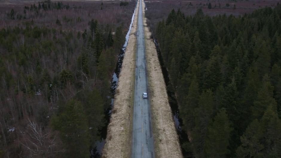 The trio drives their stolen car down a long road heading north.