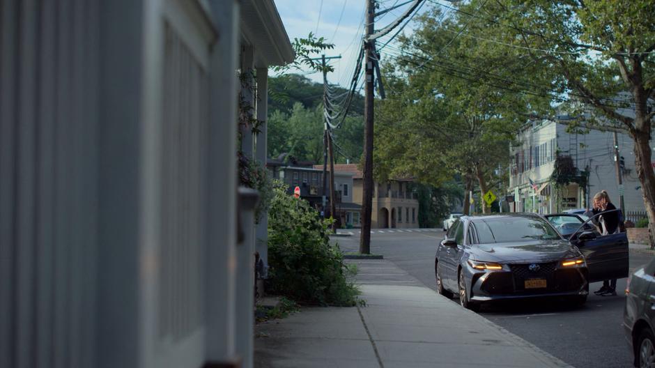 Trish stands outside of her car with the lights flashing and alarm blaring to cause a scene and distract the police officers who are assisting her.