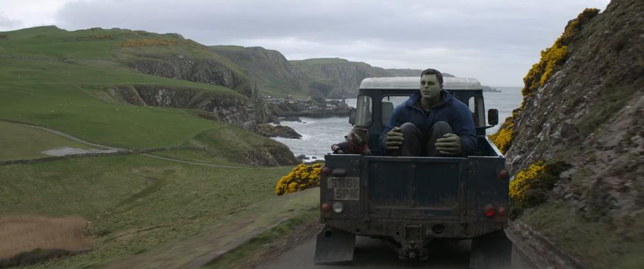 Rocket and Bruce ride in the back of a small truck driving down the road to the town in the distance.