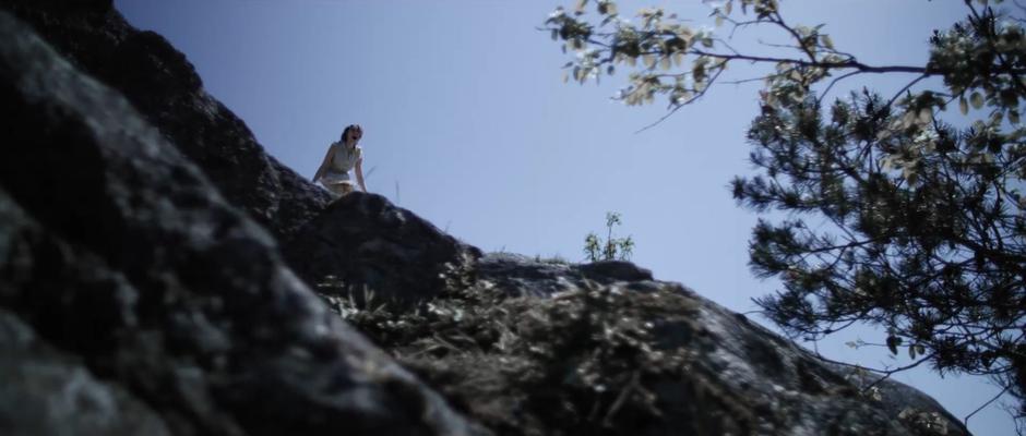 Alice screams into the air as she stands at the edge of the cliff.