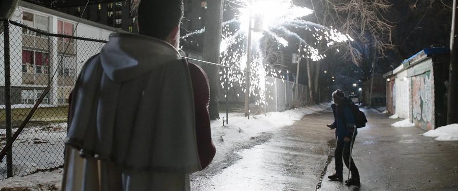 Billy and Freddy watch in shock as Billy's lightning blast blows up a transformer.