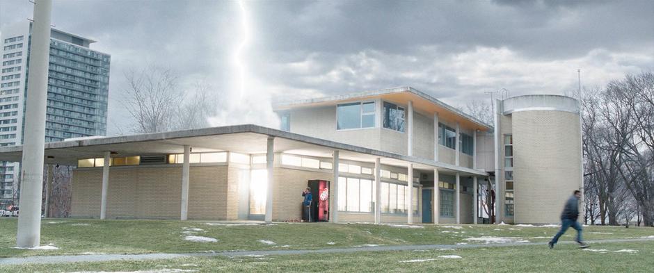 Freddy stands by the door and a man runs away as lightning smashes into the roof of the public toilet.