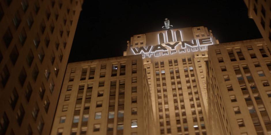 View of the Wayne Enterprises building from street level.