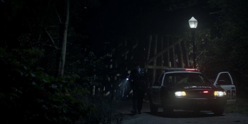 Two police officers exit their car and search the area for any survivors.