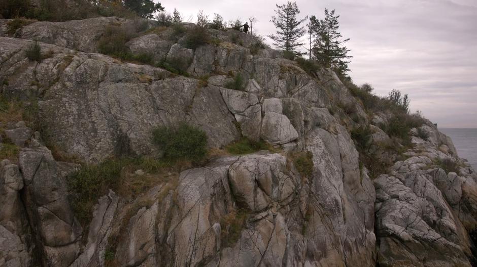 Lena races to the edge of the cliff overlooking the ocean.