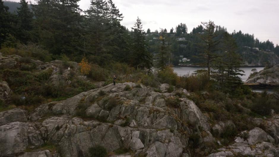 Rama Khan watches from the top of the cliff as Kara flies off with Lena.