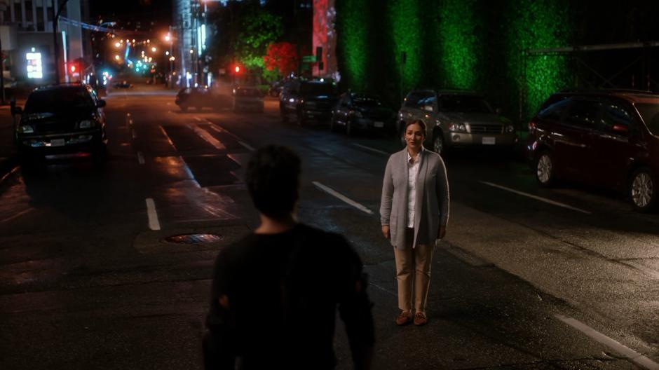 Ramsey transforms back into his normal-ish self after an apparition of Rachel Rosso, his mother, appears in the street.