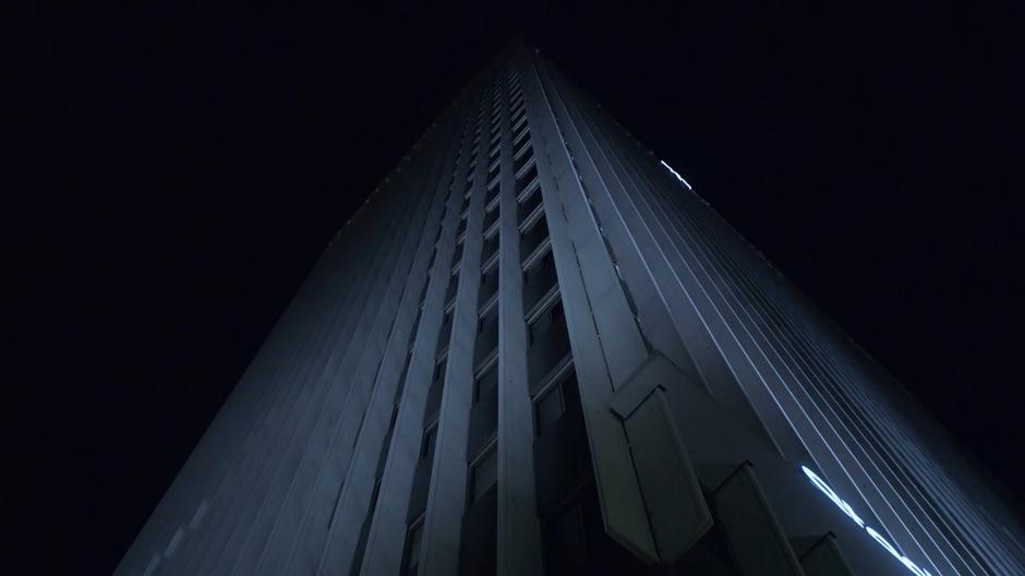 Establishing shot of the hotel rising into the air.