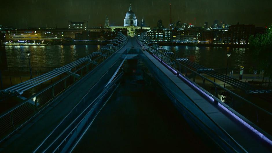 Myfanwy runs across the bridge towards the north shore.