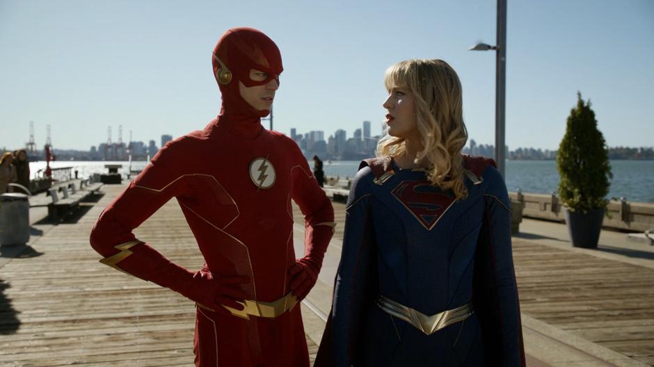 Barry and Kara share a look of confusion after realizing they are on the same Earth.