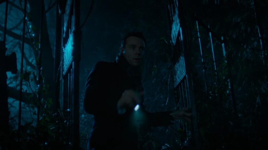 Harry shines his flashlight into the cemetery as he pushes open the gate.