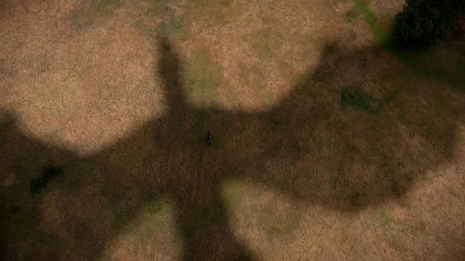 A woman races across a field on horseback as the shadow of the dragon passes overhead.