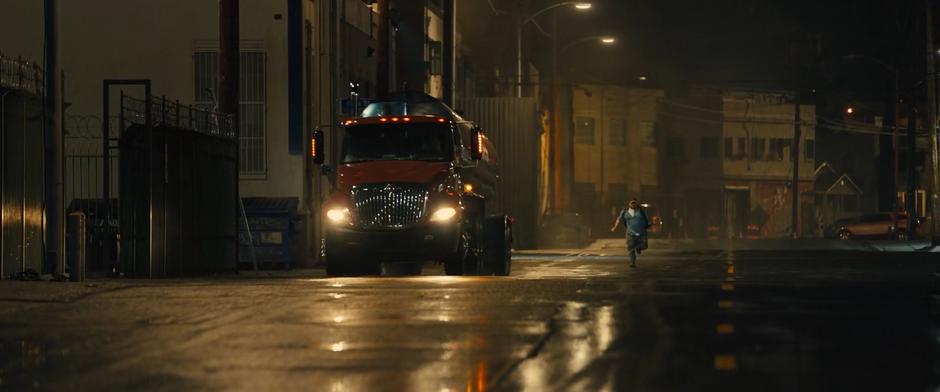 The truck driver races down the street after his stolen tanker.