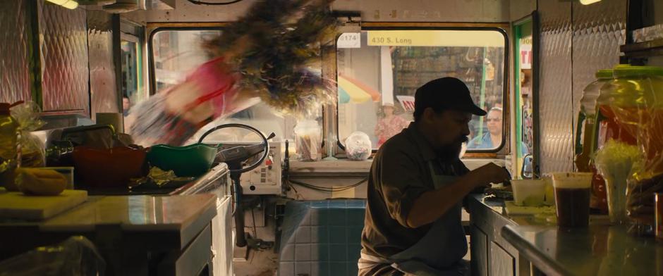 Harley dives through the front of a taco truck.