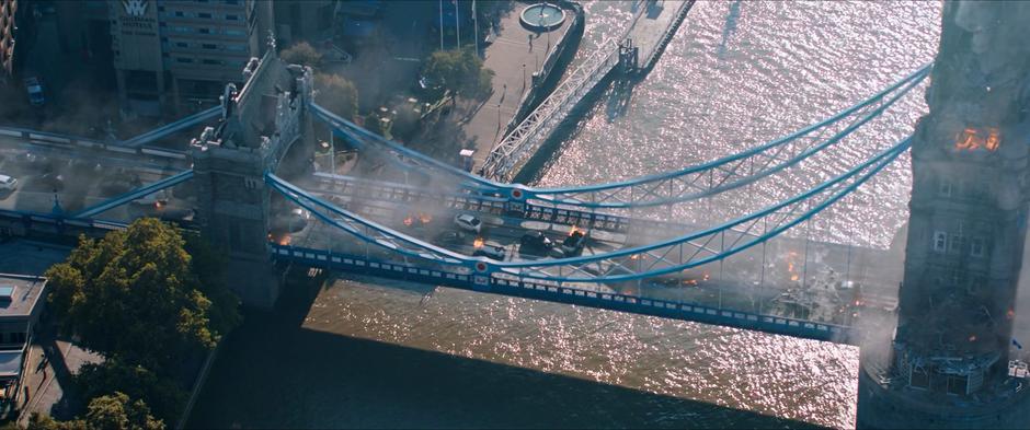 Fires burn on the bridge after the end of the battle.